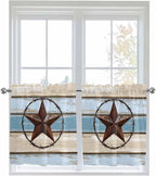 Vintage Western Star on Wood Grain Window Valance Curtains, Retro Wooden Texture Light Filtering Kitchen Valance with 3-inch Rod Pocket for Living Room Bathroom Bedroom,2 Panel,27.5x36In