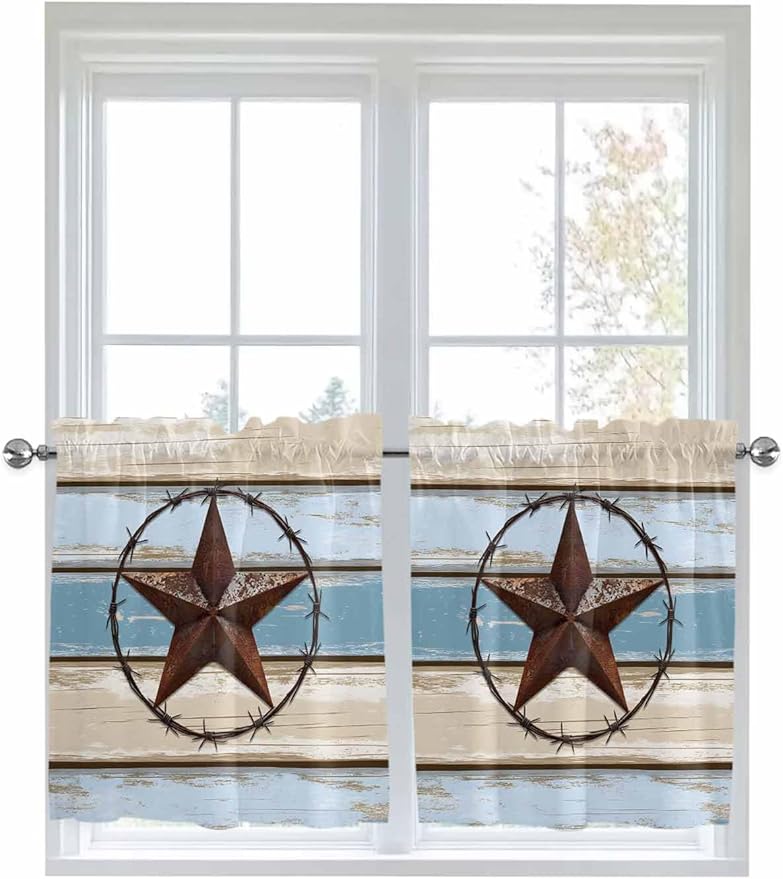 Vintage Western Star on Wood Grain Window Valance Curtains, Retro Wooden Texture Light Filtering Kitchen Valance with 3-inch Rod Pocket for Living Room Bathroom Bedroom,2 Panel,27.5x24In