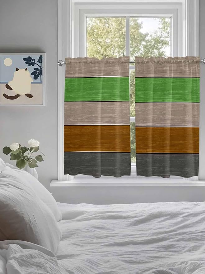 Farm Gray Green Brown Wood Grain Window Valance Curtains, Rustic Wooden Plank Light Filtering Kitchen Valance with 3-inch Rod Pocket for Living Room Bathroom Bedroom,2 Panel,42x45In