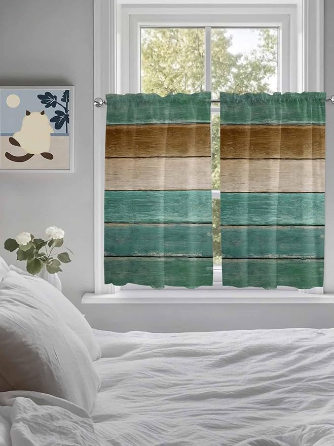 Vintage Plank Turquoise Brown Window Valance Curtains, Farmhouse Wood Grain Light Filtering Kitchen Valance with 3-inch Rod Pocket for Living Room Bathroom Bedroom,2 Panel,52x45In