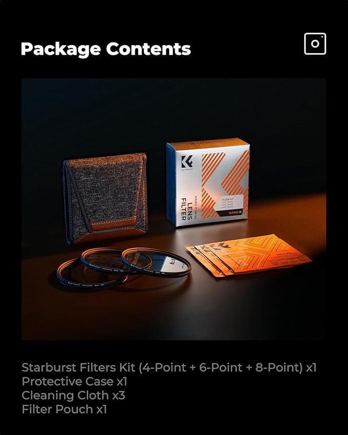 K&F CONCEPT 49mm Star Filters Kit (3pcs) 4 Points 6 Points 8 Points Cross Screen Starburst Filters Set -18 Layer Coating Ultra Slim Optical Glass Camera Lens Filter with 3 Cleaning Cloth