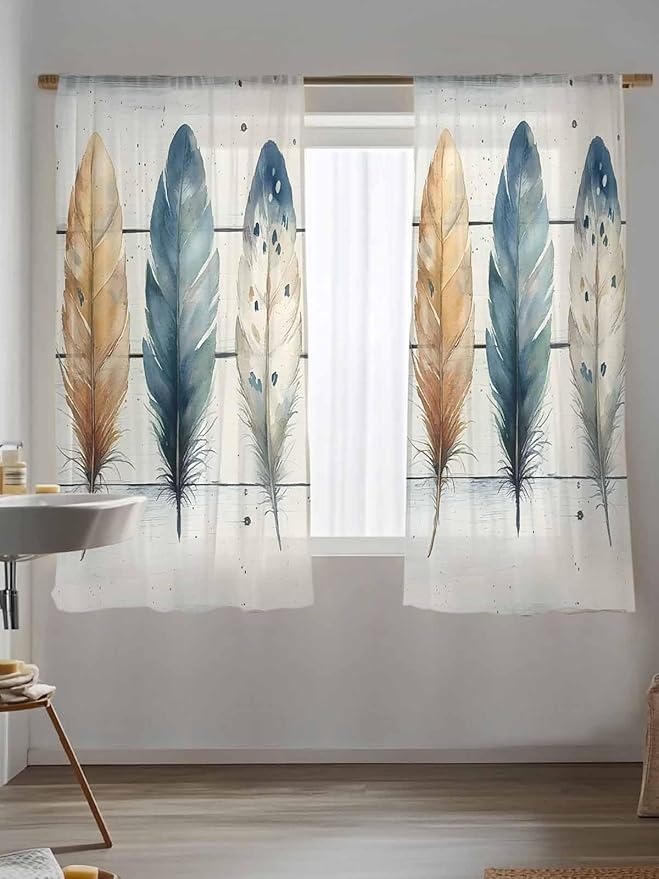 Sheer Curtains 63 Inch Length, Boho Blue Feathers Semi Sheer Curtains Light Filtering Window Treatment, Country Vintage Wooden Grain Privacy Voile Drapes for Living Room Bedroom 52x63 Inch