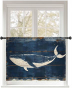 Sheer Curtains 45 Inch Length, Summer Whale Blue Semi Sheer Curtains Light Filtering Window Treatment, Coastal Ocean Vintage Wooden Grain Privacy Voile Drapes for Living Room Bedroom 52x45 Inch