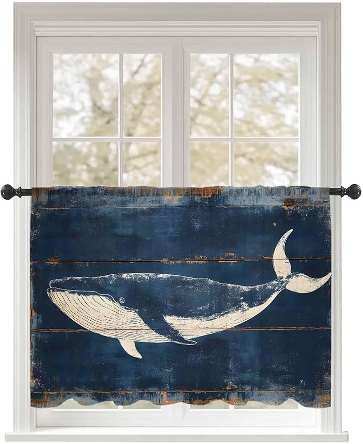 Sheer Curtains 54 Inch Length, Summer Whale Blue Semi Sheer Curtains Light Filtering Window Treatment, Coastal Ocean Vintage Wooden Grain Privacy Voile Drapes for Living Room Bedroom 52x54 Inch