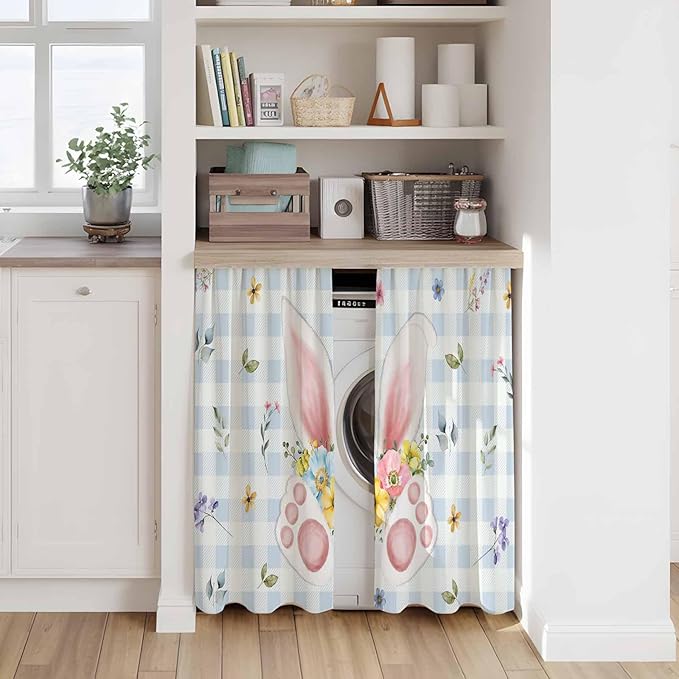 Easter Kitchen Tier Curtains 45 Inch Long 2 Panel Set,Rod Pocket Short Window Treatment,Spring Rabbits Ears Feet Floral Blue Lattice Light Filtering Curtains & Drapes for Bathroom 27.5"W x 45"L