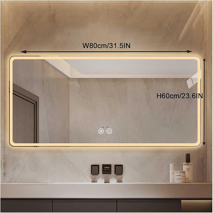 Bathroom Mirror with LED Lights，Smart Illuminated LED Bathroom Mirror，Energy-Saving LED Smart Mirrors，LED Mirror for Bathroom，with Demister Pad and Smart Touch Switch(H60*W80cm/H23.6*W31.5IN)