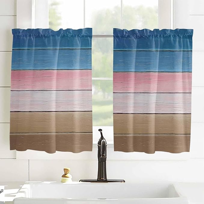 Blue Pink Brown Gradient Wood Grain Window Valance Curtains, Vintage Wood Board Light Filtering Kitchen Valance with 3-inch Rod Pocket for Living Room Bathroom Bedroom,2 Panel,52x45In