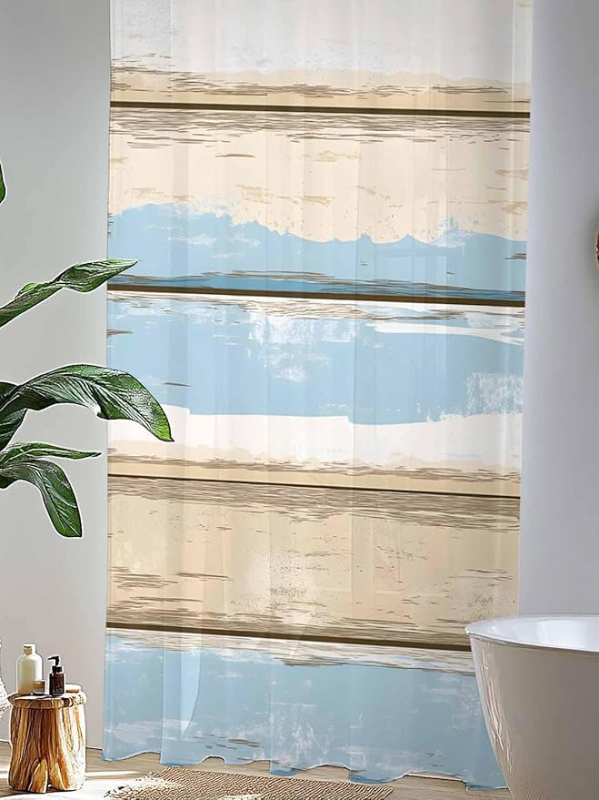 Sheer Curtains 96 Inches Long, Vintage Geometric Blue Semi Sheer Curtains Light Filtering Window Treatment, Abstract Country Shabby Wood Grain Privacy Voile Drapes for Living Room Bedroom 52x96 Inch