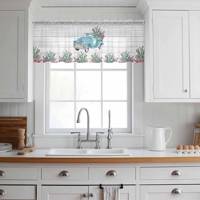 Farmhouse Sheer Valance Curtains, Summer Blue Car with Cactus Succulents Wood Grain Light Filtering Kitchen Valances Rod Pocket Voile Curtain Window Treatment for Bedroom/Living Room/Basement 42Wx18L