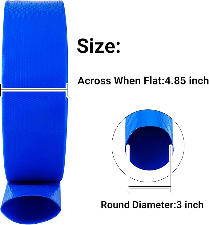 3" x 100 FT Lay Flat Water Pump Discharge Hose, Blue Heavy Duty Reinforced PVC Pool Backwash Hose for Swimming Filter Pump,with 2 Clamp