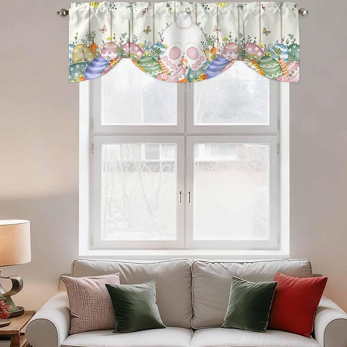 Easter Tie Up Valance Curtains for Windows, Kitchen Curtains Window Shades, Spring Rabbit Ears Foot Colorful Eggs Leaf Floral Light Filtering Roman Curtain Valances for Bedroom/Bathroom/Cafe 42"x18"