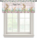 Easter Sheer Valances for Windows 42"x12", Light Filtering Kitchen Curtains Valance, Spring Watercolor Bunny Eggs Flower Leaf Pink Plaid Rod Pocket Chiffon Curtains for Living Room Bedroom Cafe