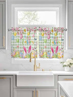 Happy Easter Half Window Curtains 24 Inches Long, Spring Bunny Eggs Flower Sage Green Plaid Window Treatment Curtain Drapes, Short Curtains Tiers for Kitchen Over Sink, 27.5"x24", 2 Panels