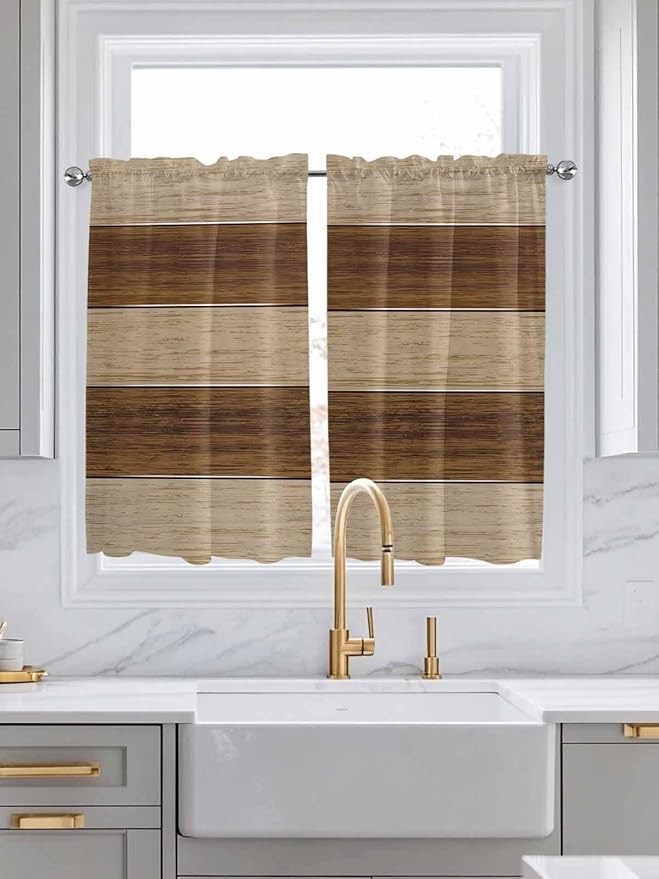 Retro Country Brown Wooden Board Window Valance Curtains, Farmhouse Gradient Plank Light Filtering Kitchen Valance with 3-inch Rod Pocket for Living Room Bathroom Bedroom,2 Panel,27.5x45In