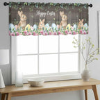 Easter Sheer Valances for Windows 42"x12", Light Filtering Kitchen Curtains Valance, Spring Watercolor Bunny Eggs Flower Leaf Wood Grain Rod Pocket Chiffon Curtains for Living Room Bedroom Cafe