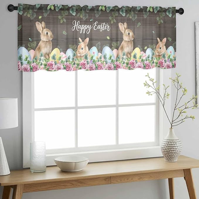 Easter Sheer Valances for Windows 60"x18", Light Filtering Kitchen Curtains Valance, Spring Watercolor Bunny Eggs Flower Leaf Wood Grain Rod Pocket Chiffon Curtains for Living Room Bedroom Cafe