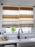 Sheer Curtains 45 Inch Length, Brown Wood Grain Semi Sheer Curtains Light Filtering Window Treatment, Vintage Country Geometric Striped Privacy Voile Drapes for Living Room Bedroom 52x45 Inch
