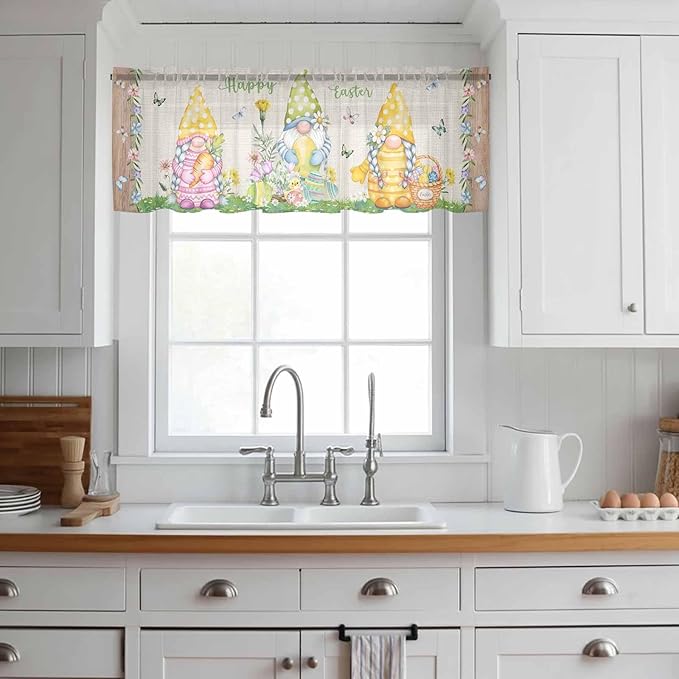 Easter Sheer Valances for Windows 42"x12", Light Filtering Kitchen Curtains Valance, Rustic Gnomes Duck Floral Colorful Eggs Wooden Grain Rod Pocket Chiffon Curtains for Living Room Bedroom Cafe