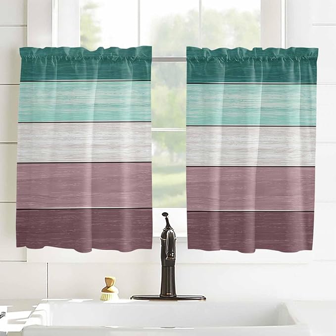 Retro Farm Woodcuts Texture Window Valance Curtains, Green Brown Gradient Light Filtering Kitchen Valance with 3-inch Rod Pocket for Living Room Bathroom Bedroom,2 Panel,42x54In