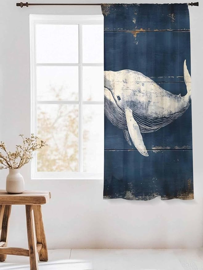 Sheer Curtains 72 Inches Long, Ocean Vintage Whale Semi Sheer Curtains Light Filtering Window Treatment, Summer Retro Wood Grain Privacy Voile Drapes for Living Room Bedroom 52x72 Inch