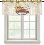 Farmhouses Sunflowers Sheer Valance Curtains, Retro Floral Leaves Red Truck Vintage Light Filtering Kitchen Valances Rod Pocket Voile Curtain Window Treatment for Bedroom/Living Room/Basement 42Wx18L