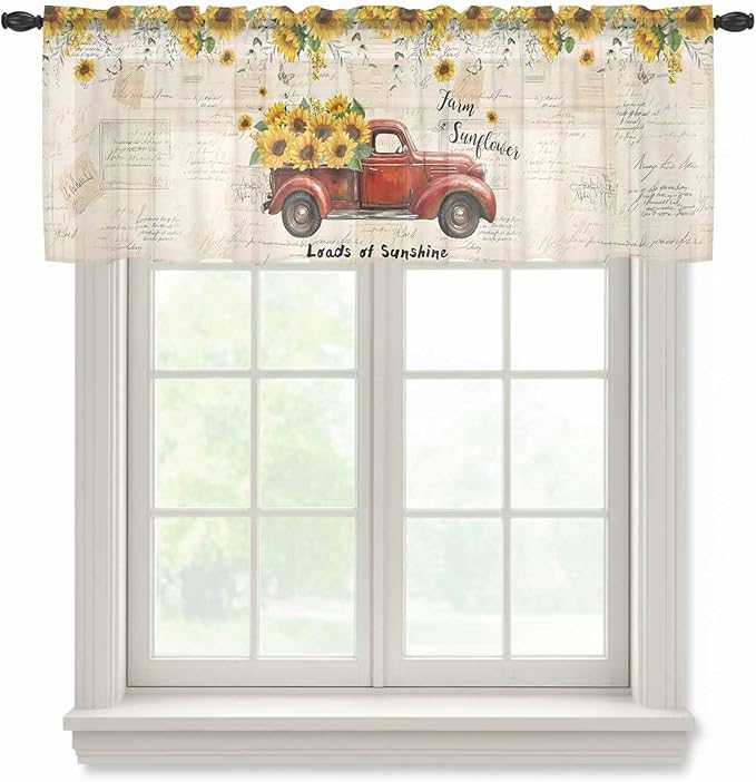 Farmhouses Sunflowers Sheer Valance Curtains, Retro Floral Leaves Red Truck Vintage Light Filtering Kitchen Valances Rod Pocket Voile Curtain Window Treatment for Bedroom/Living Room/Basement 54Wx18L
