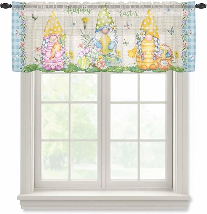 Easter Sheer Valances for Windows 42"x12", Light Filtering Kitchen Curtains Valance, Gnomes Colorful Eggs Butterfly Flowers Blue Check Rod Pocket Chiffon Curtains for Living Room Bedroom Cafe