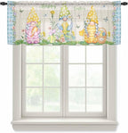 Easter Sheer Valances for Windows 42"x18", Light Filtering Kitchen Curtains Valance, Gnomes Colorful Eggs Butterfly Flowers Blue Check Rod Pocket Chiffon Curtains for Living Room Bedroom Cafe