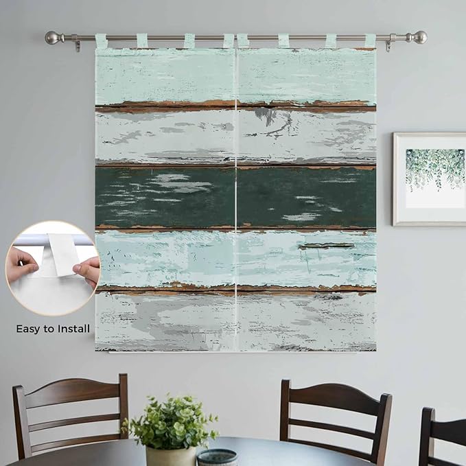 Blue Teal Bedroom Curtains 72 Inch Length, Window Curtains Tab Top, Vintage Wooden Retro Art Farmhouse Barns Light Filtering Window Treatments Drapes 52"x72" 2 Panel