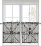 Vintage Gate Half Window Curtain 36 Inches Long, Farmhouse Wooden Grain Shabby Chic Door Window Treatment Curtain Drapes, Small Tier Curtains for Bathroom Over Sink, 27.5"x36", 2 Panels