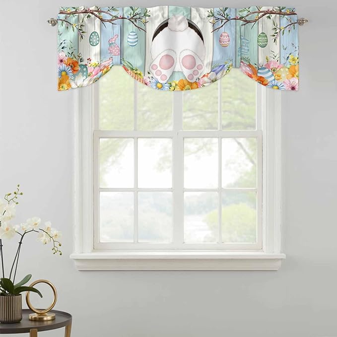 Easter Tie Up Valance Curtains for Windows, Kitchen Curtains Window Shades, Spring Watercolor Bunny Eggs Wood Grain Teal Blue Light Filtering Roman Curtain Valances for Bedroom/Bathroom/Cafe 60"x18"