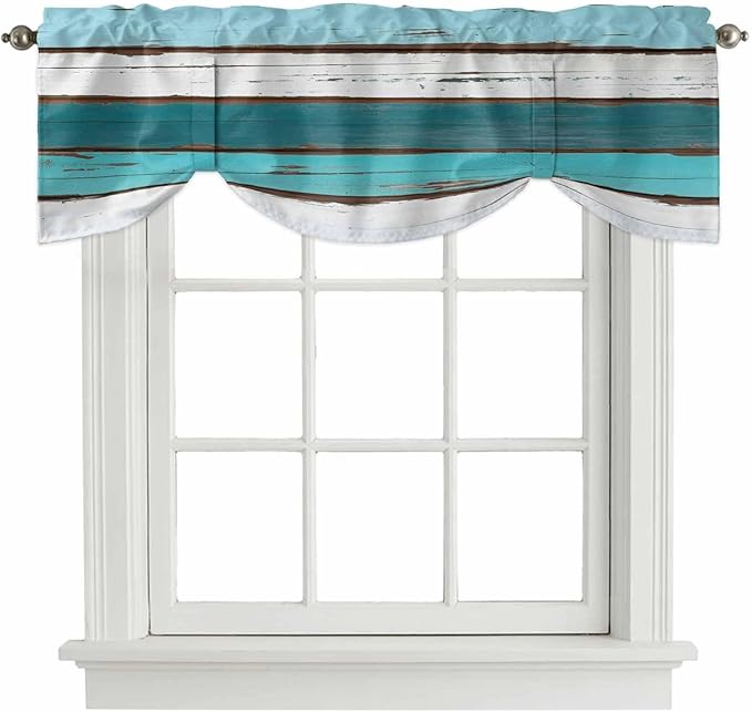 Turquoise Teal Tie Up Valance Curtains for Windows, Kitchen Curtains Window Shades, Farmhouse Retro Ombre Wooden Grain Light Filtering Roman Curtain Valances for Bedroom/Bathroom/Cafe 54"x18"
