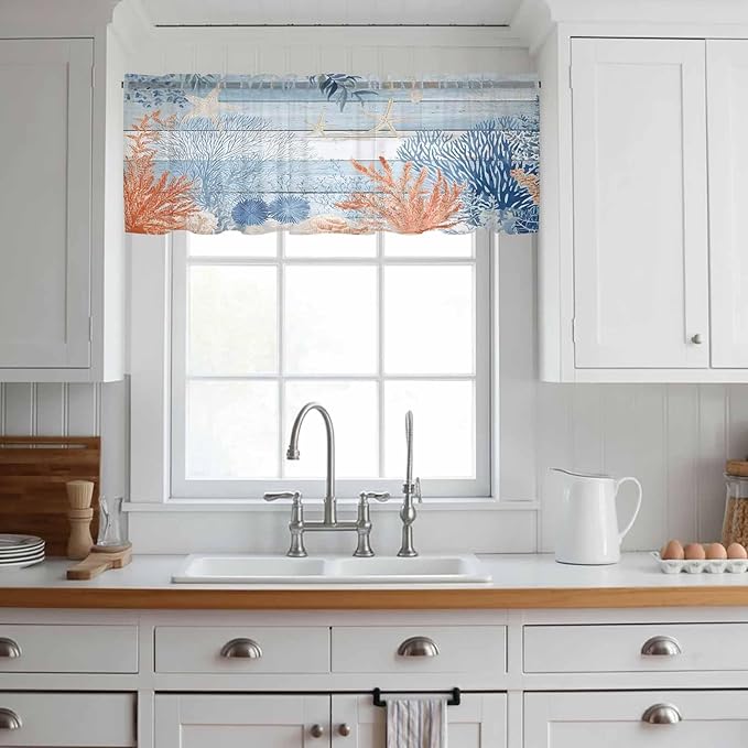 Ocean Corals Sheer Valance Curtains, Summer Beach Coral Sea Stars Blue Wood Grain Light Filtering Kitchen Valances Rod Pocket Voile Curtain Window Treatment for Bedroom/Living Room/Basement 42Wx12L