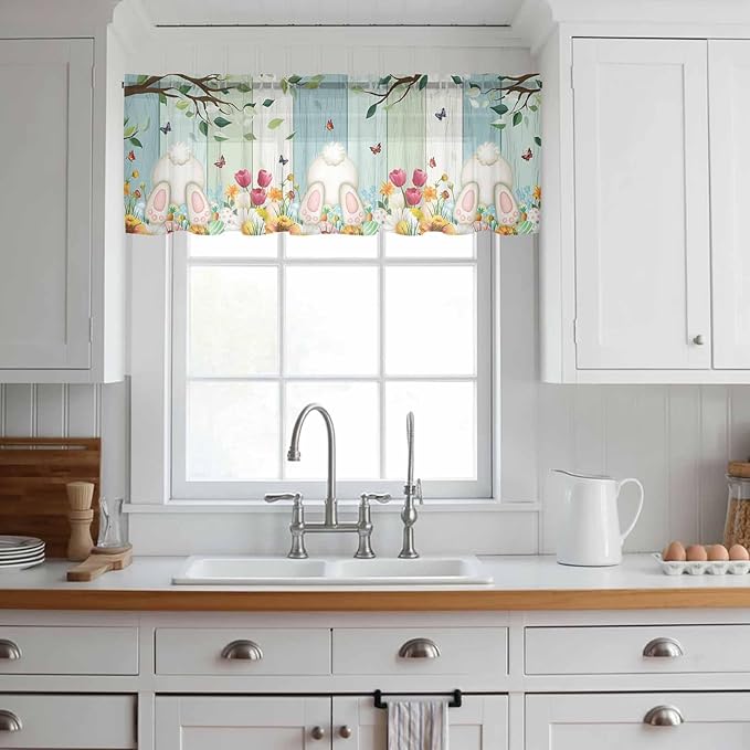 Easter Sheer Valances for Windows 42"x18", Light Filtering Kitchen Curtains Valance, Spring Watercolor Eggs Country Tulip Wooden Grain Rod Pocket Chiffon Curtains for Living Room Bedroom Cafe