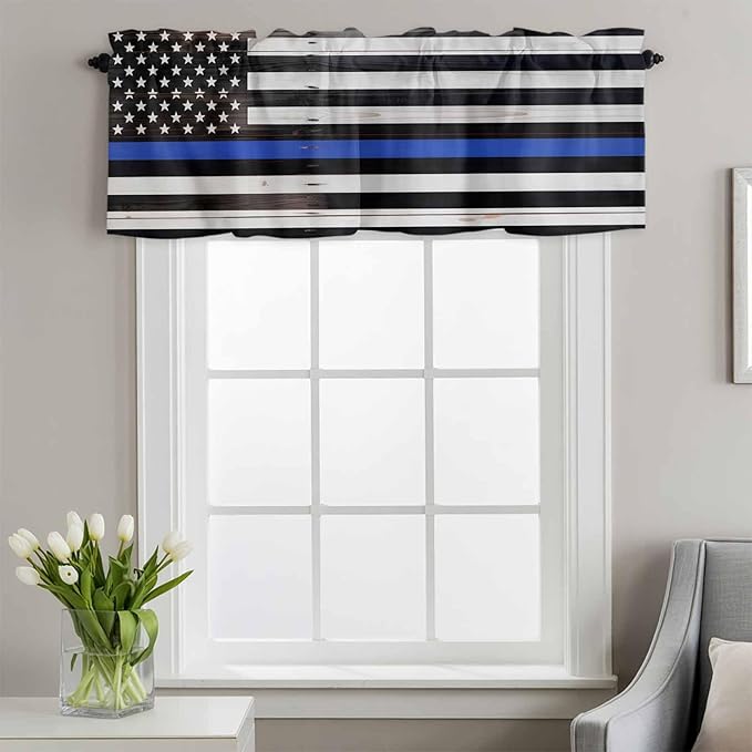 American Flag Valances for Windows, Blue Line Star Black White Stripes Wood Grain Kitchen Valance Light Filtering Rod Pocket Short Curtains for Kitchen Bathroom, 1 Panel, 60"x18"