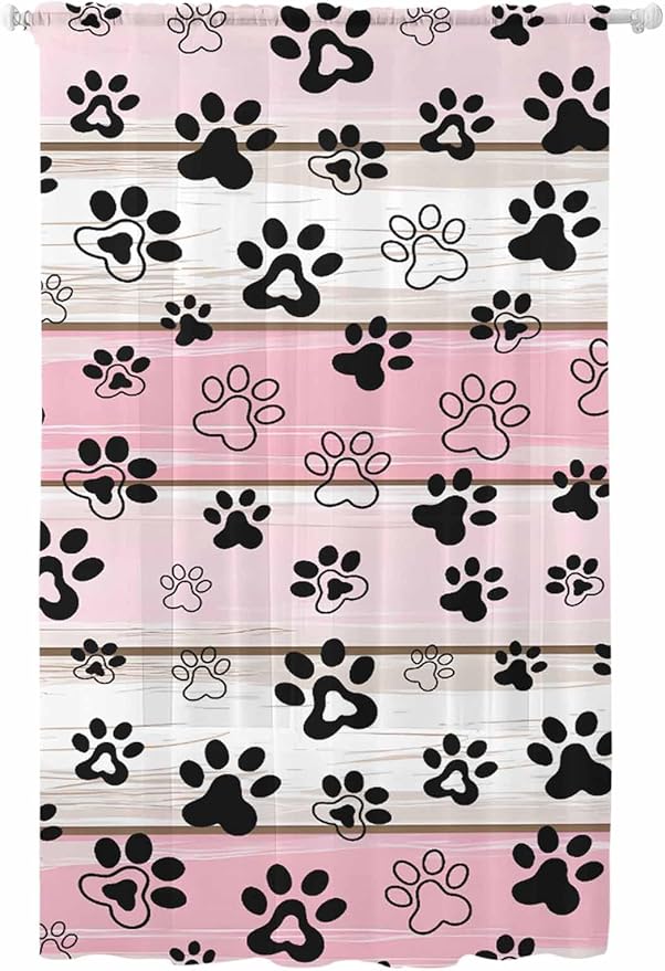 Sheer Curtains 84 Inches Long, Pink Beige Paw Print Semi Sheer Curtains Light Filtering Window Treatment, Vintage Farmhouse Country Wooden Grain Privacy Voile Drapes for Living Room Bedroom 52x84 Inch