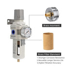 Industrial Air Compressor Filter Regulator Combo 3/8" NPT 0-150 PSI w/Semi-Auto Drain,5 Micron Water Separator for Pneumatic Tools