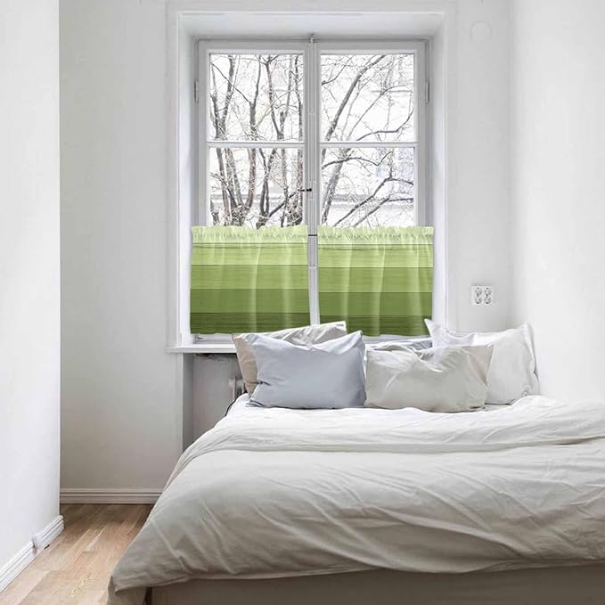 Gradient Green Wooden Board Window Valance Curtains, Retro Country Wood Grain Light Filtering Kitchen Valance with 3-inch Rod Pocket for Living Room Bathroom Bedroom,2 Panel,27.5x24In
