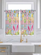 Colorful Easter Tier Curtains 45 Inches Long, Spring Watercolor Bunny Egg Flower Wood Grain Window Treatment Curtain Drapes, Window Half Privacy Curtains for Bedroom Bathroom, 42"x45", 2 Panels