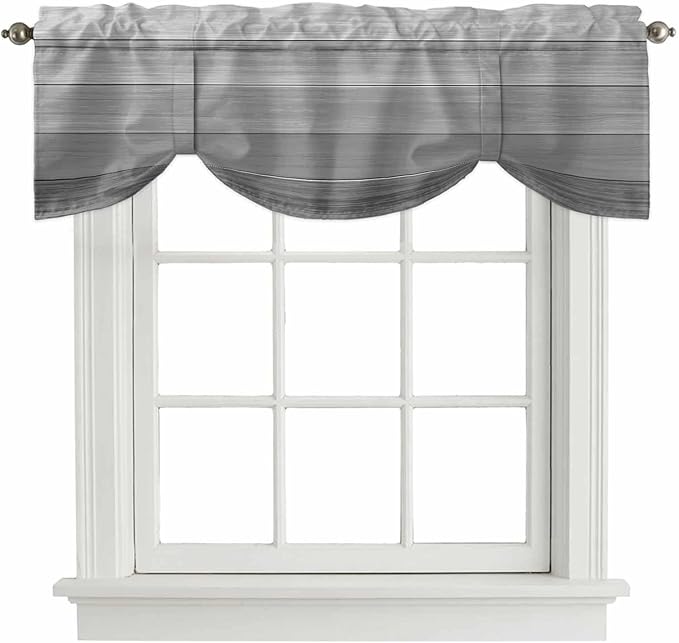 Grey Ombre Wooden Tie Up Valance Curtains for Windows, Kitchen Curtains Window Shades, Farmhouse Retro Gray Wood Gradient Light Filtering Roman Curtain Valances for Bedroom/Bathroom/Cafe 42"x12"