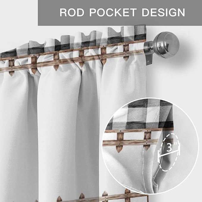 Spring Flowers Curtain Valances for Windows, Kitchen Valance Window Treatment, Watercolor Floral Leaf Black Plaid Light Filtering Block Curtains for Bathroom/Bedroom/Living Room 54'' x 18''