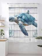 Sheer Curtains 72 Inches Long, Sea Turtle Blue Semi Sheer Curtains Light Filtering Window Treatment, Coastal Ocean Seaweed Wood Grain Privacy Voile Drapes for Living Room Bedroom 52x72 Inch