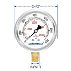 MEASUREMAN 2-1/2" Dial Size, Glycerin Filled Pressure Gauge, 0-6000psi/kpa, 304 Stainless Steel Case, 1/4" NPT Lower Mount