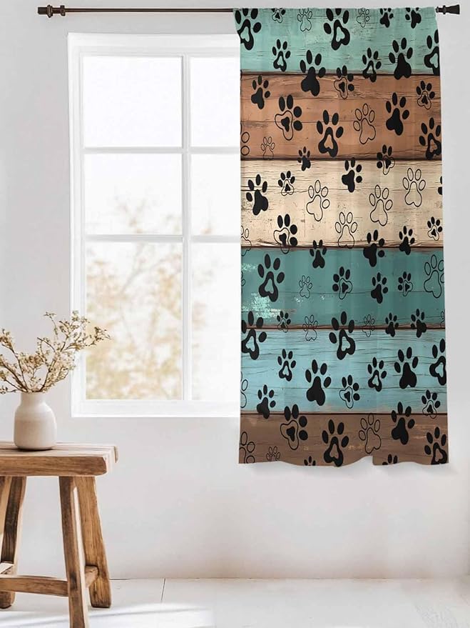 Sheer Curtains 72 Inches Long, Green Brown Paw Print Semi Sheer Curtains Light Filtering Window Treatment, Vintage Farmhouse Country Wooden Grain Privacy Voile Drapes for Living Room 52x72 Inch
