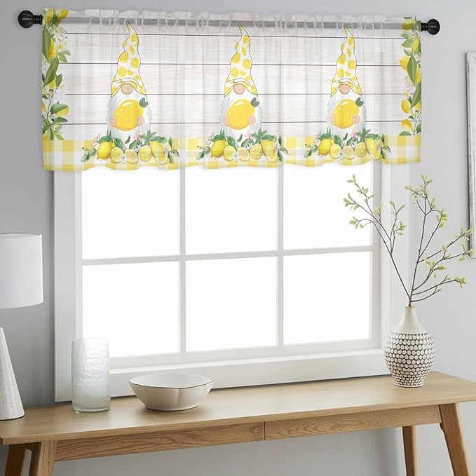 Lemon Dwarfs Sheer Valance Curtains, Gnome Green Leaf Wood Striped Yellow Plaid Light Filtering Kitchen Valances Rod Pocket Voile Curtain Window Treatment for Bedroom/Living Room/Basement 60Wx18L
