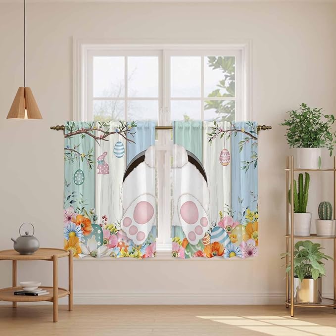 Easter Kitchen Curtains 45 Inch Long 2 Panel Set,Rod Pocket Window Treatment,Spring Watercolor Bunny Eggs Wood Grain Teal Blue Light Filtering Short Curtains & Drapes for Bathroom Laundry 52"W x 45"L