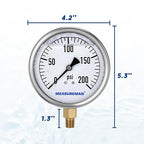 MEASUREMAN Glycerin Filled Plumbing Pressure Gauge 0-200psi Stainless Steel Case, 4" Dial 1/4" NPT Brass Lower Mount, Suitable for Pneumatic Tools, Water Filtration & Industrial Hydraulic Systems