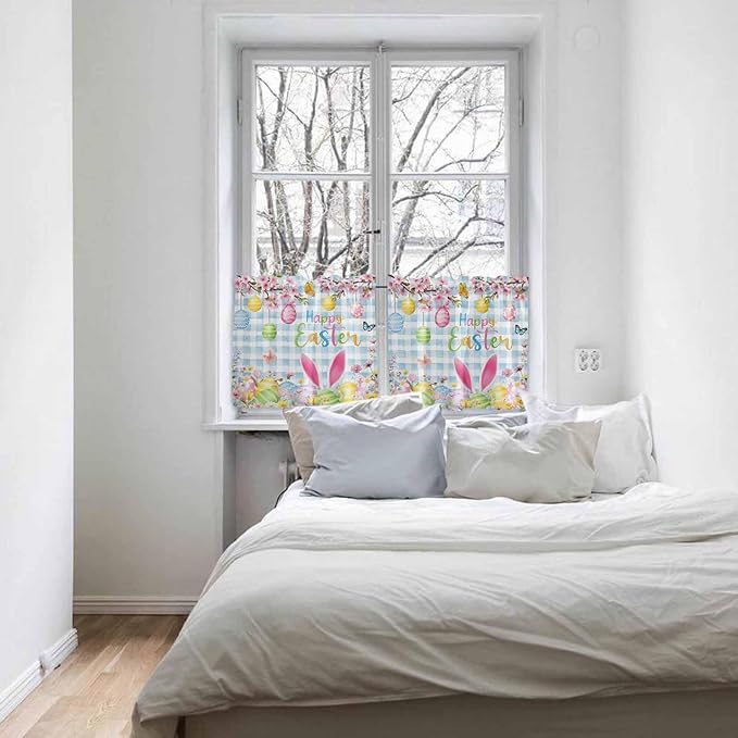 Happy Easter Half Window Curtains 24 Inches Long, Spring Watercolor Bunny Eggs Flower Blue Plaid Window Treatment Curtain Drapes, Short Curtains Tiers for Kitchen Over Sink, 27.5"x24", 2 Panels