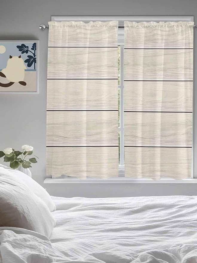 Vintage Country Wooden Board Window Valance Curtains, Gradient Wood Grain Line Light Filtering Kitchen Valance with 3-inch Rod Pocket for Living Room Bathroom Bedroom,2 Panel,52x72In