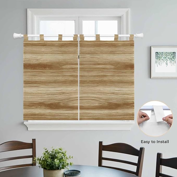 Light Brown Wood Grain Kitchen Curtains 45 Inch Length, Short Cafe Window Curtains Tab Top, Western Farmhouse Barn Door Light Filtering Window Treatments Tier Drapes 27.5"x45" 2 Panel